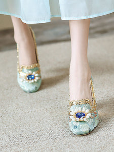 10CM Luxury Pearls And Diamonds Chunky Heels Retro Shoes