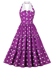 Load image into Gallery viewer, Green Polka Dots Halter Elastic Back High Waist 1950 Vintage Dress