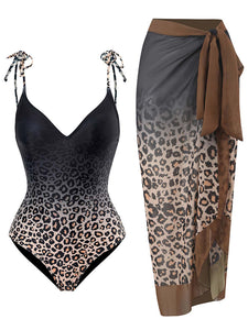 Gradient Leopard Print Strap One Piece With Bathing Suit Wrap Skirt