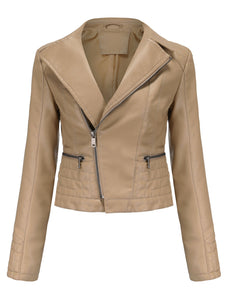 Crop Coat Long Sleeve PU Leather Motorcycle Jacket For Women