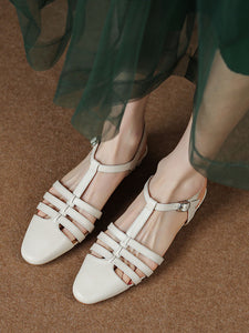 Women's Flats Sandals Round Toe Hollow Belt Leather Vintage Shoes