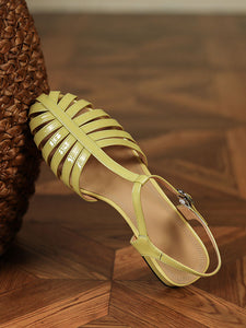 Women's Flats Sandals Pointed Toe Hollow Belt Leather Vintage Shoes