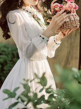 Load image into Gallery viewer, Yellow Flower Embroidered Puff Long Sleeve Edwardian Revival Dress