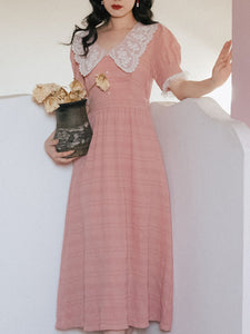 Pink Lace Collar Puff Sleeve Vintage 1950S Dress
