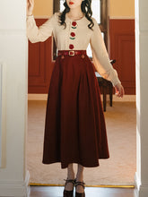 Load image into Gallery viewer, 2PS Rose Embroidered Peter Pan Blouse And Red Swing Skirt Dresss Set