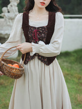 Load image into Gallery viewer, 2PS White Long Sleeve Ruffles Cottagecore Dress With Brown Embroidered Vest Suits