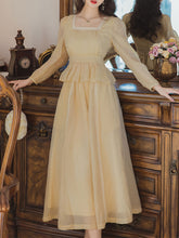 Load image into Gallery viewer, Yellow Square Neck Lace Butt Waist Ruffle 1950S Dress