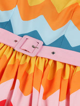 Load image into Gallery viewer, 1950s Rainbow Print Of Multicoloured Zig-zagged Lines Swing Dress With Belt
