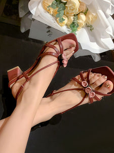 Women's Low Heel Sandals Square Toe Rose Leather Vintage Shoes