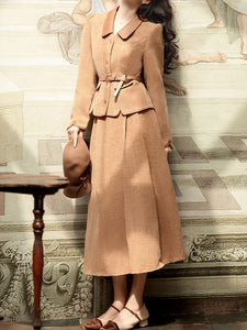 2PS Brown Houndstooth Tweed Coat With Swing Skirt 1950S Vintage Audrey Hepburn's Style Outfits