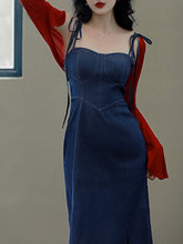 Load image into Gallery viewer, 2PS Denim Spaghetti Strap 1950S Vintage Dress With Red Long Sleeve Coat