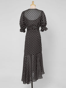 Black Polka Dots V Neck Vintage Style Ruffles Dress