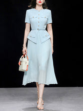Load image into Gallery viewer, Retro Blue Short Sleeve New Look Style Pleated Fake Two Piece Suit Dress