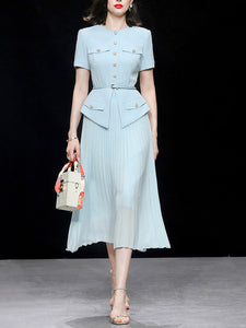 Retro Blue Short Sleeve New Look Style Pleated Fake Two Piece Suit Dress