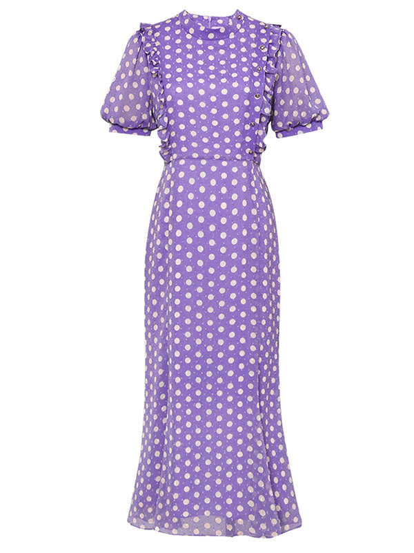 Blue Polka Dots Puff Sleeve Vintage Chiffon Dress, Purple / XL Blue Polka Dots Puff Sleeve Vintage Chiffon Dress, Purple / XL