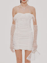 Load image into Gallery viewer, Pink Spaghetti Strap Feather Satin Pleated Sexy Gown Party Dress With Gloves