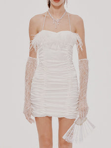 Pink Spaghetti Strap Feather Satin Pleated Sexy Gown Party Dress With Gloves