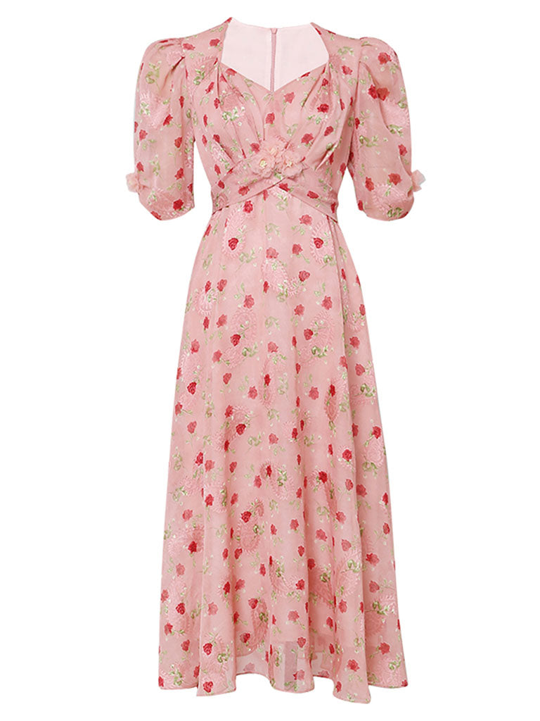 Pink Rose Floral Chiffon Vintage Style 1950s Dress, Rose / XL