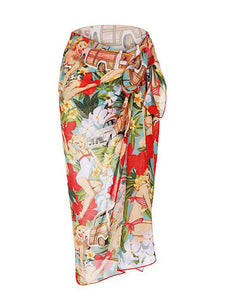 Red Retro Poster Print Bikini With Bathing Suit Wrap Skirt