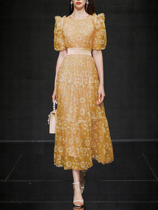 Yellow Daisy Puff Sleeve 1950S Vintage Maxi Dress