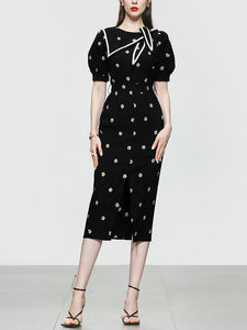 Black Embroiderd Flowers Puff Sleeve 1940S Split Vintage Dress