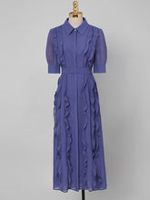 Load image into Gallery viewer, Blue Turndown Collar Ruffles 1940S Dress
