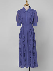 Blue Turndown Collar Ruffles 1940S Dress