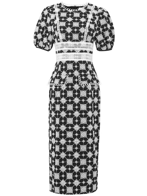White And Black Lace Vintage Style Puff Sleeve 1960S Dress