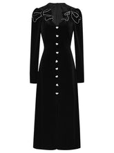 Load image into Gallery viewer, Black Bowknot V Neck Velvet Heart Button 1950S Vintage Dress