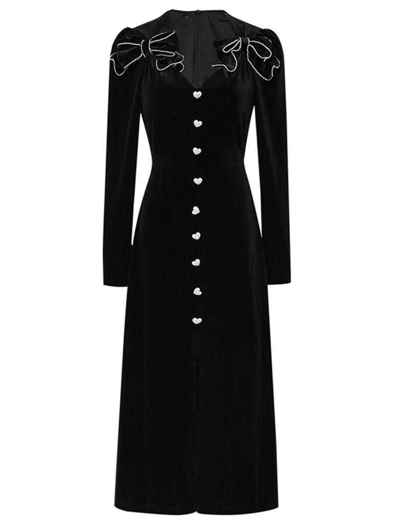 Black Bowknot V Neck Velvet Heart Button 1950S Vintage Dress