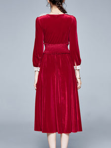 Vinatge Red Lace Long Sleeve Swing Velvet Dress