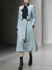 2PS Lake Blue Long Sleeve Coat With Swing Skirt Suit