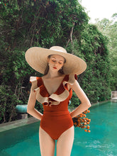 Load image into Gallery viewer, Sailor Style Deep V Neck Ruffles Vintage One Piece Swimwear
