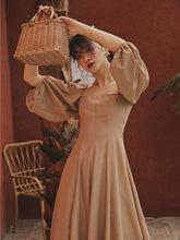 Load image into Gallery viewer, Retro Palace Puffed Sleeves Square Collar Linen Vintage Dress