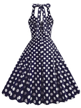 Load image into Gallery viewer, Green And White Polka Dots Pockets Vintage Halter 1950S Dress With Button