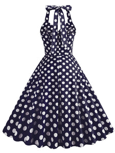 Green And White Polka Dots Pockets Vintage Halter 1950S Dress With Button
