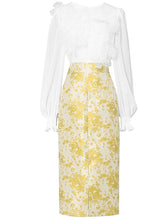 Load image into Gallery viewer, 2PS White Lace Long Sleeve Top And Yellow Floral Print Skirt Dress Suit