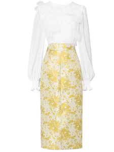 2PS White Lace Long Sleeve Top And Yellow Floral Print Skirt Dress Suit