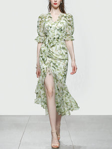 Light Green Floral Print V Neck Vintage Style Ruffles Dress