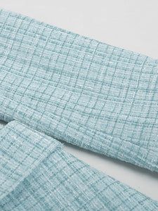 Baby Blue V Neck Retro Swing Tweed Dress With Long Sleeve For Winter