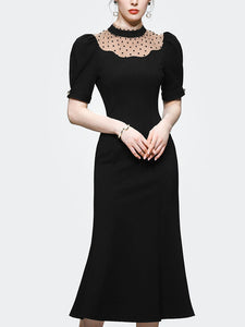 Semi-Sheer Polka Dots Puff Sleeve Little Black Fishtail Dress Vintage Style