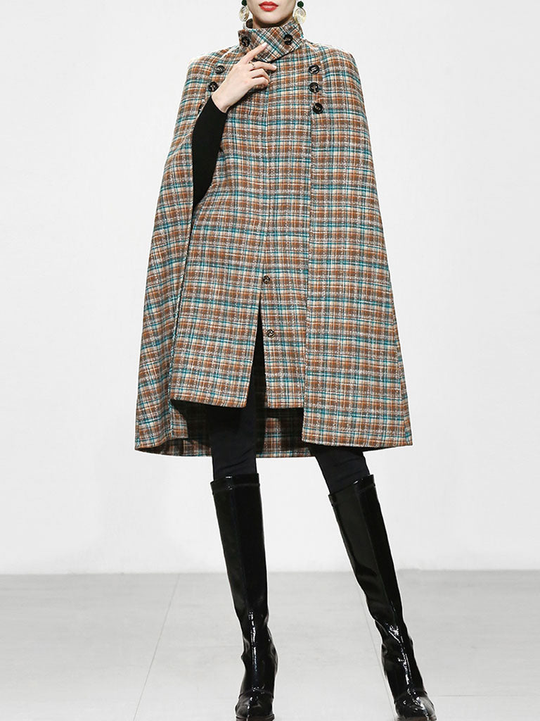 Sweet Brown Plaid Long Sleeve Dress Cape Women's Coat