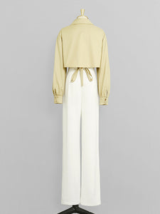 Yellow V Neck Shirt And White High Waisted Wide Leg Trousers Suit