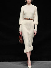 Load image into Gallery viewer, Sweet Apricot Crew Collar Long Sleeve Knitted Sweater Dress With Ruffles Hem
