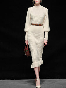 Sweet Apricot Crew Collar Long Sleeve Knitted Sweater Dress With Ruffles Hem