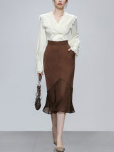Load image into Gallery viewer, 2PS White Lace Ruffles V Neck Top And Brown Fishtail Skirt Dress Suit