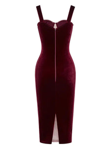 Wine Red Mesh Strap Corset Velvet Bodycon Dress Sexy Gown Party Dress
