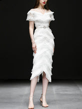 Load image into Gallery viewer, White Romantic Wedding Ruffles V-Neck Sequin Lace Irregular Hem Dress