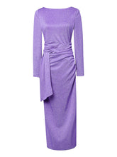 Load image into Gallery viewer, Electric Violet Crew Collar Long Sleeve Sequins Pleated Knitted Sweater Dress