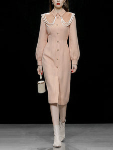 Orange Pink Peter Pan Collar Retro Swing Tweed Dress With Long Sleeve For Winter